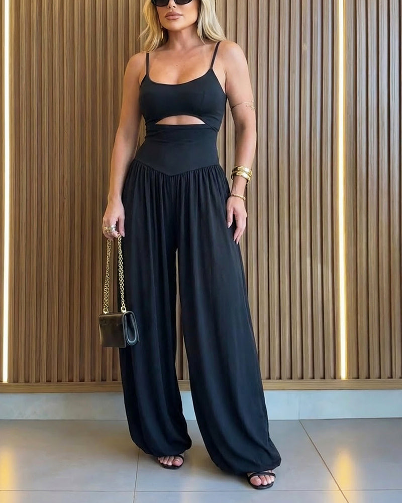 Women's Cut-out Waist Cami Jumpsuit Backless Tie-Back Lantern Romper Ruched High Waist Summer Jumpsuit
