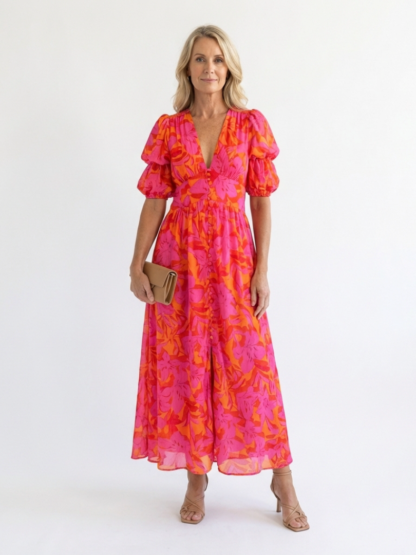 Verenaluxe™ | Floral V Neck Puff Sleeve Midi Dress