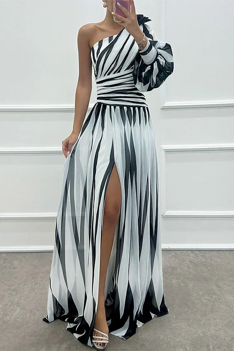 Verenaluxe™ | Elegant Striped Maxi Dress with One Shoulder
