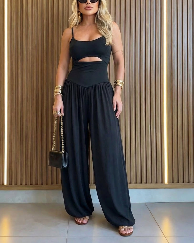Women's Cut-out Waist Cami Jumpsuit Backless Tie-Back Lantern Romper Ruched High Waist Summer Jumpsuit