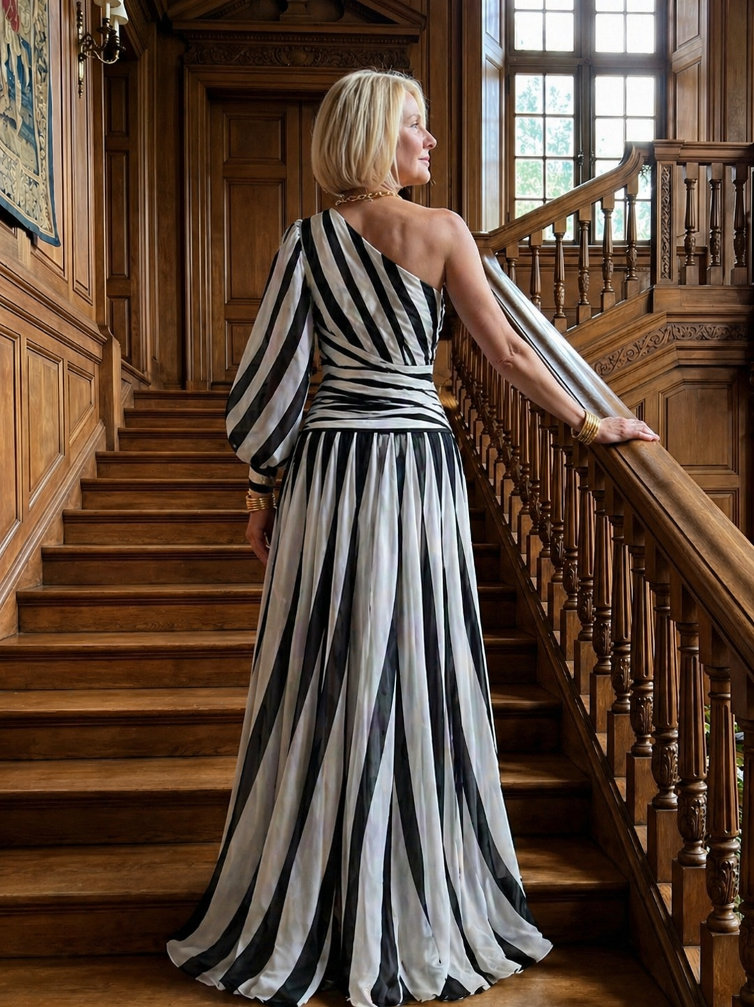 Verenaluxe™ | Elegant Striped Maxi Dress with One Shoulder