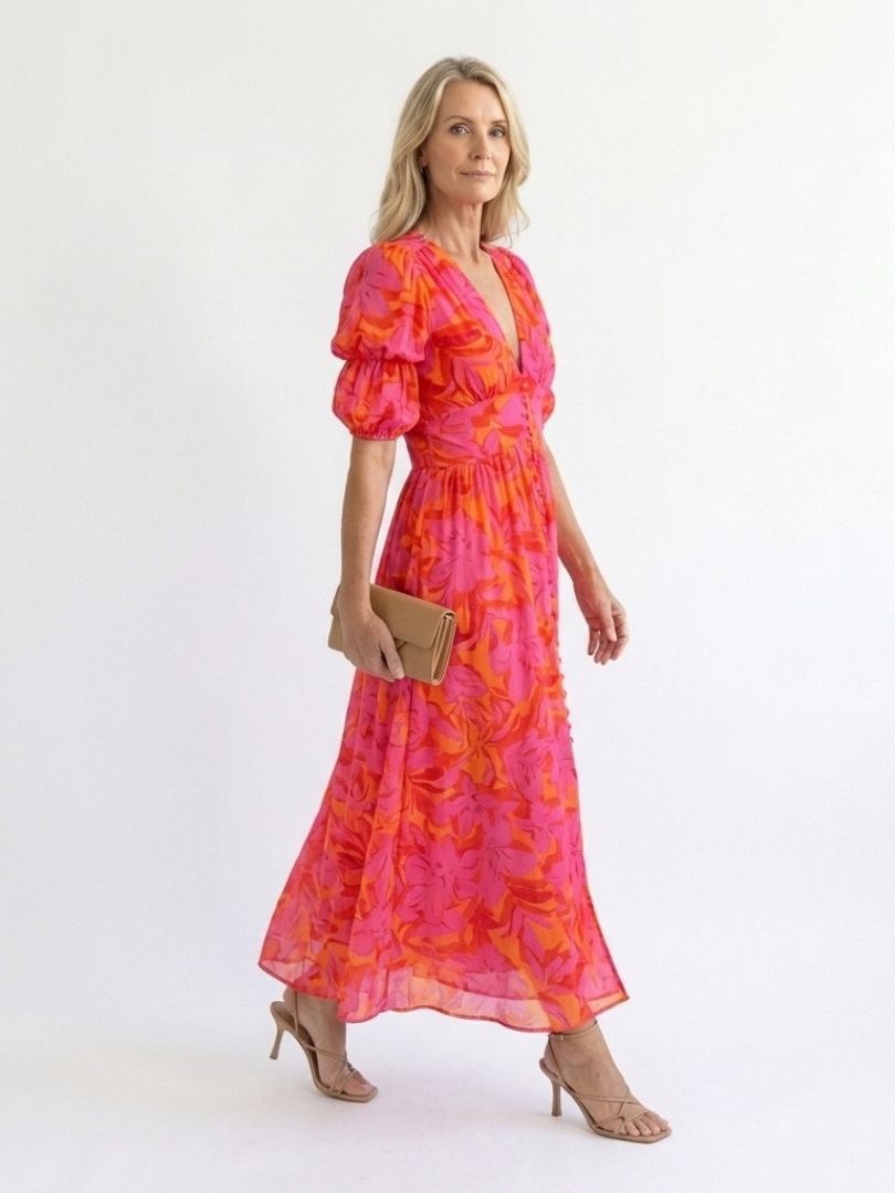 Verenaluxe™ | Floral V Neck Puff Sleeve Midi Dress