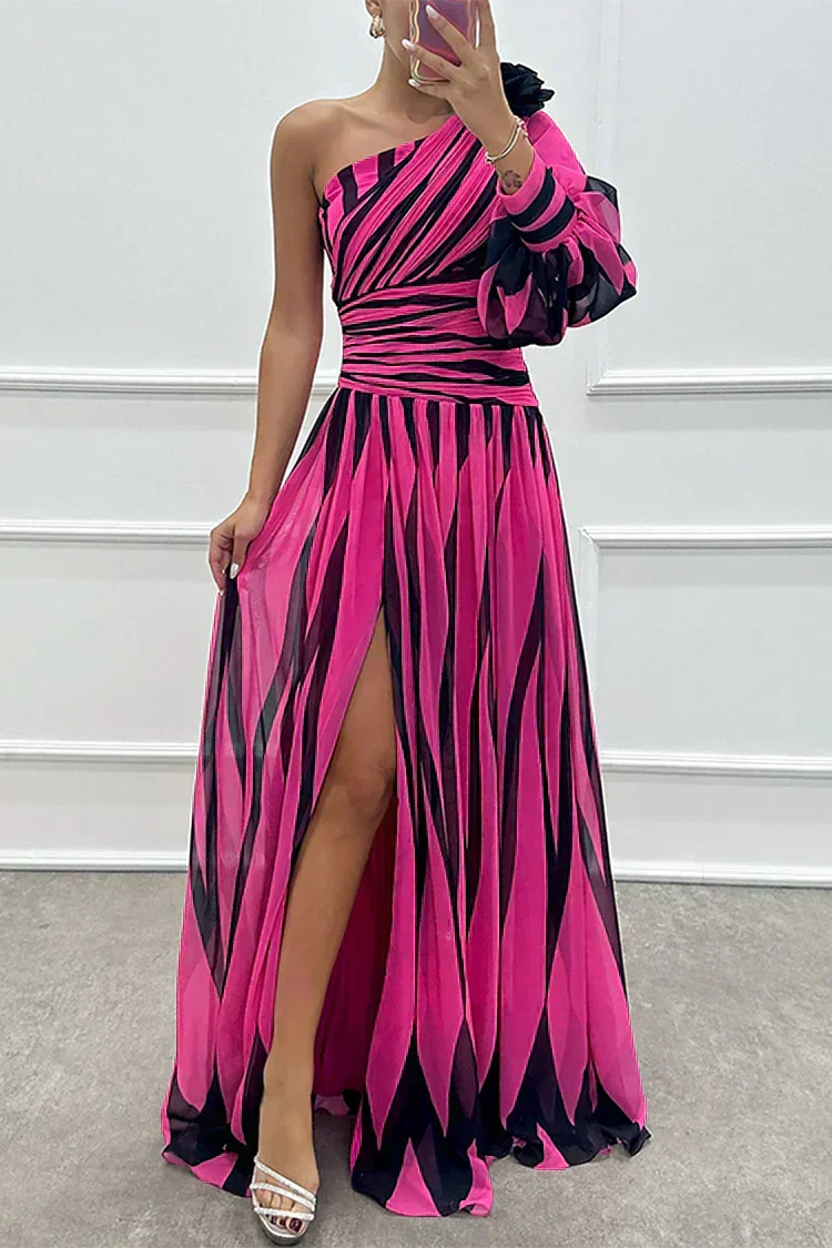 Verenaluxe™ | Elegant Striped Maxi Dress with One Shoulder