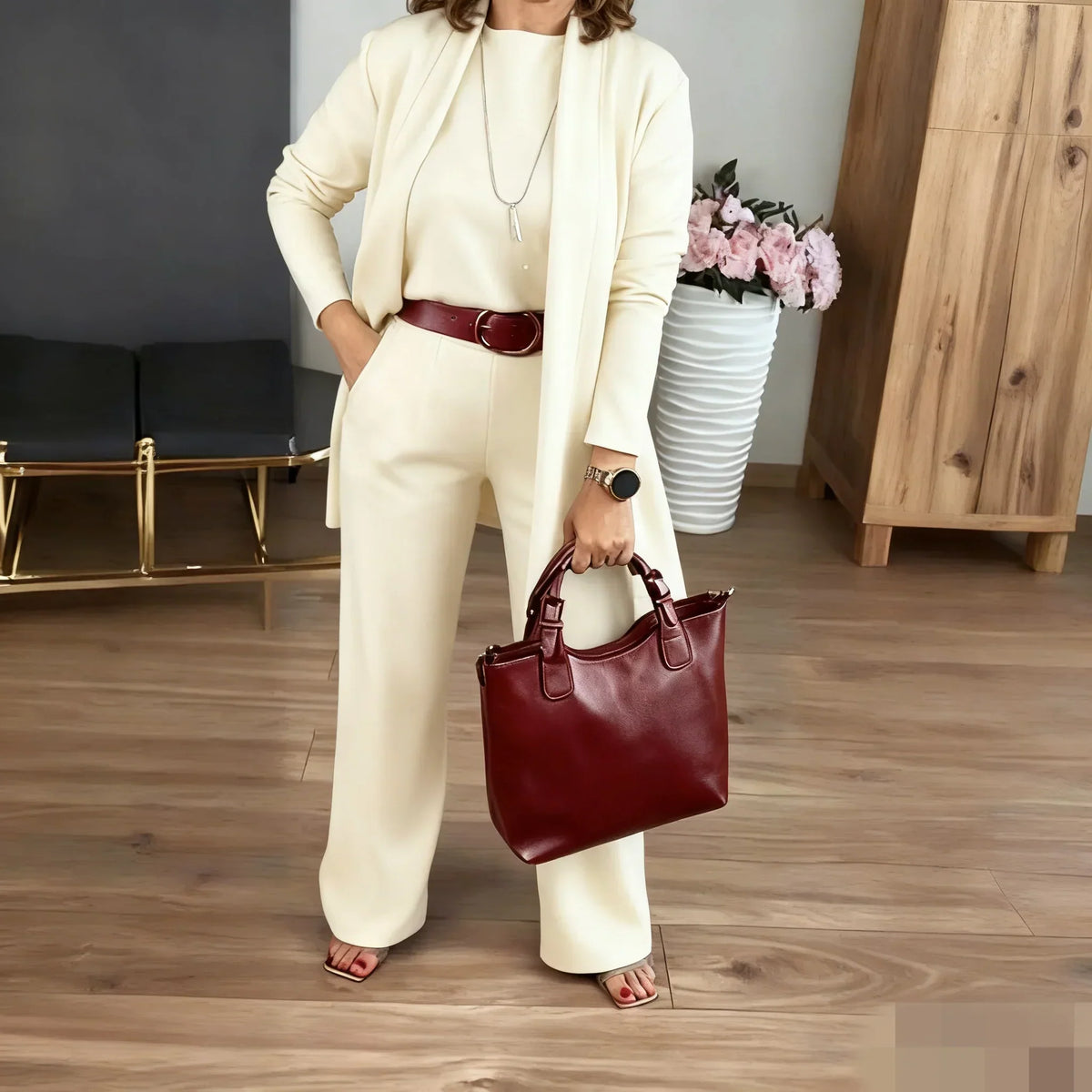 Elegant 3-piece set including long cardigan, top and pants💞