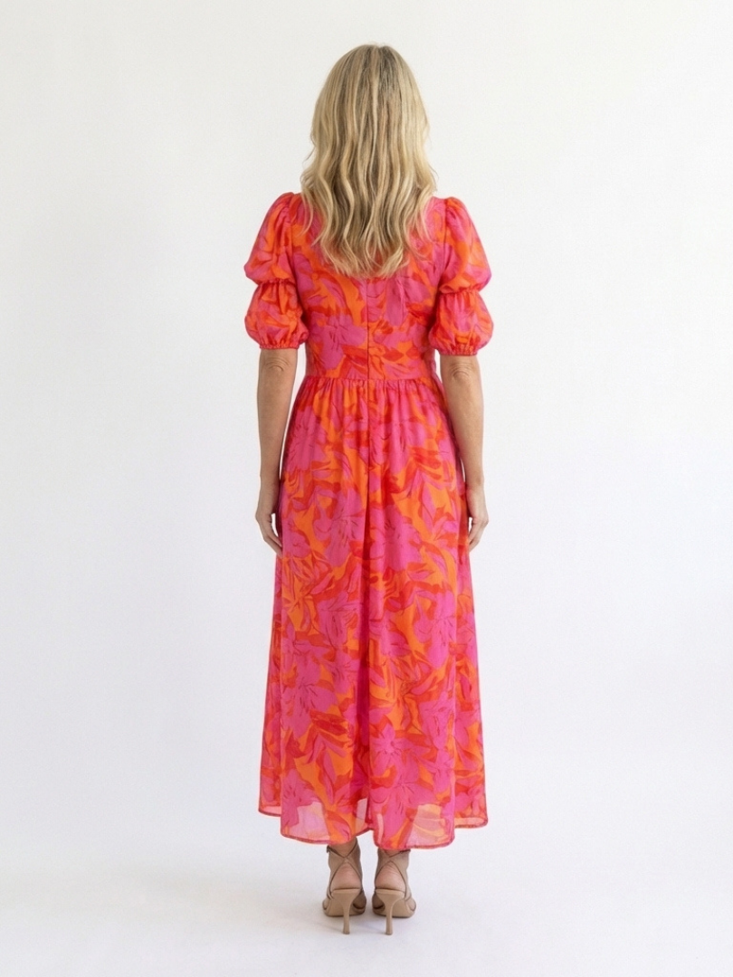 Verenaluxe™ | Floral V Neck Puff Sleeve Midi Dress