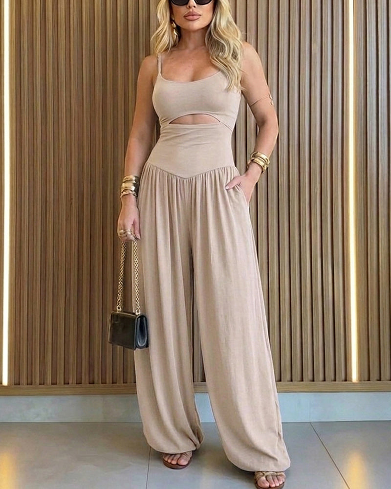 Women's Cut-out Waist Cami Jumpsuit Backless Tie-Back Lantern Romper Ruched High Waist Summer Jumpsuit