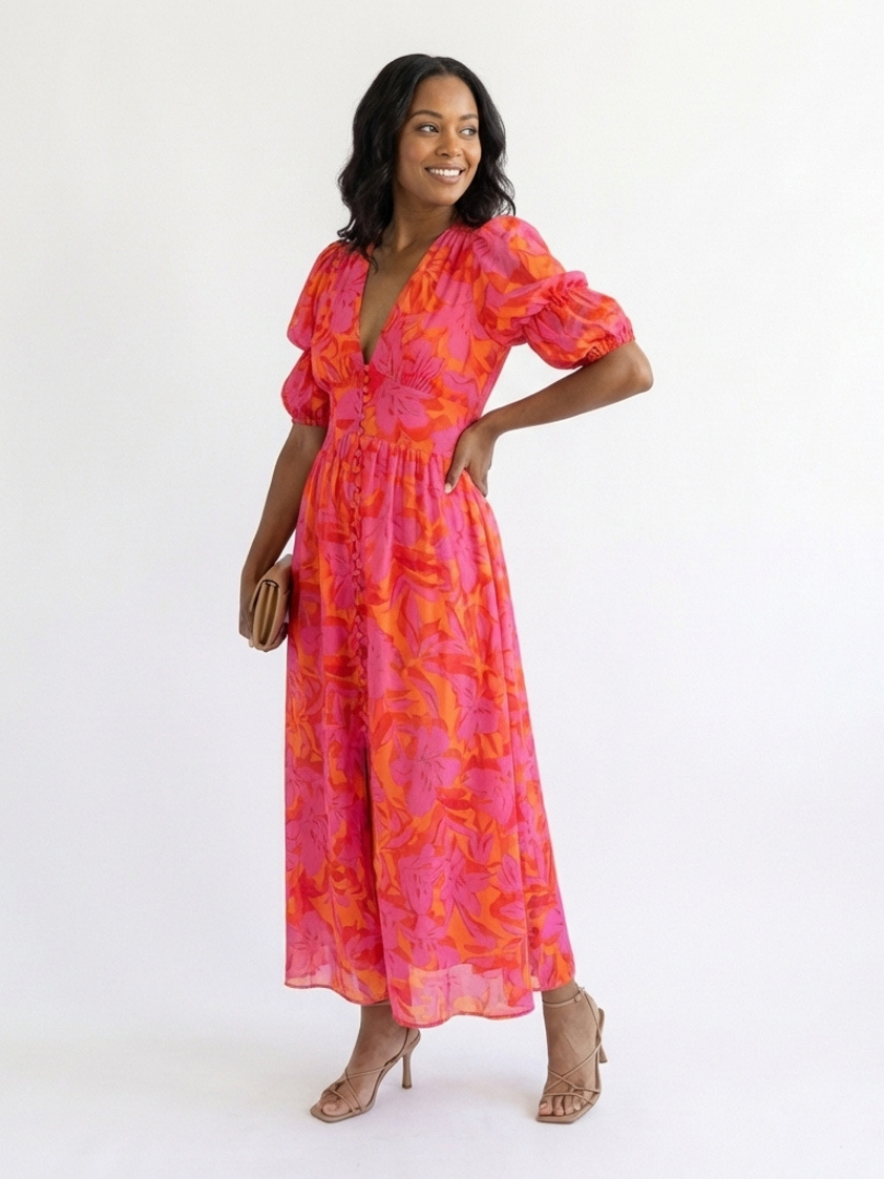 Verenaluxe™ | Floral V Neck Puff Sleeve Midi Dress
