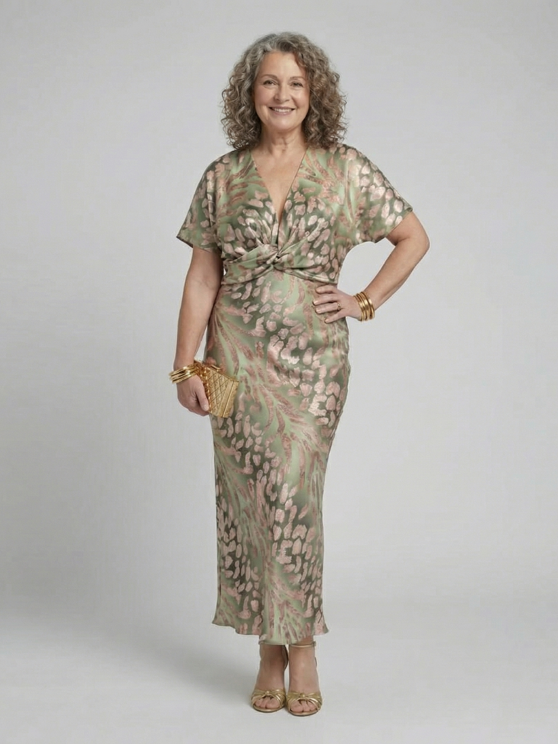 Verenaluxe™ | Abstract Print V Neck Twist Waist Midi Dress