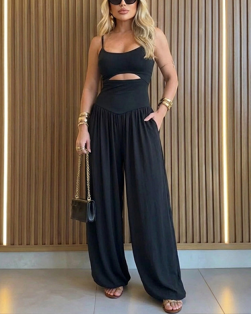 Women's Cut-out Waist Cami Jumpsuit Backless Tie-Back Lantern Romper Ruched High Waist Summer Jumpsuit