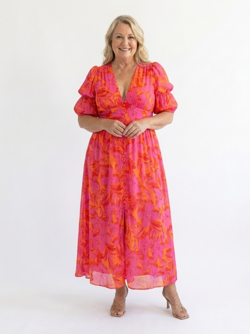 Verenaluxe™ | Floral V Neck Puff Sleeve Midi Dress