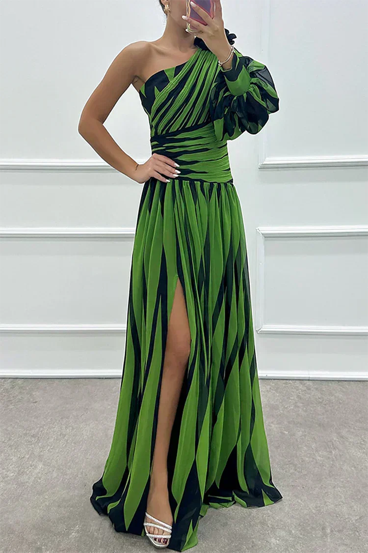 Verenaluxe™ | Elegant Striped Maxi Dress with One Shoulder