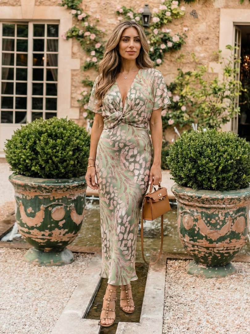 Verenaluxe™ | Abstract Print V Neck Twist Waist Midi Dress