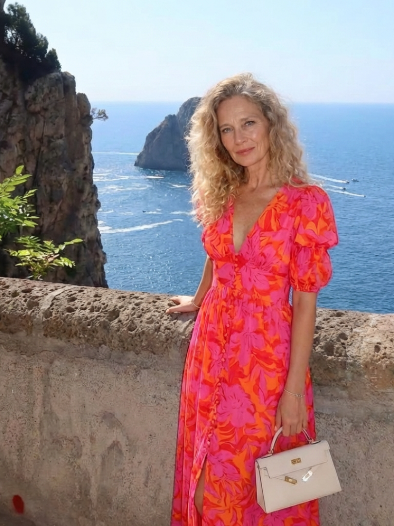 Verenaluxe™ | Floral V Neck Puff Sleeve Midi Dress