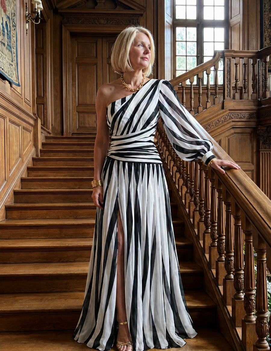 Verenaluxe™ | Elegant Striped Maxi Dress with One Shoulder