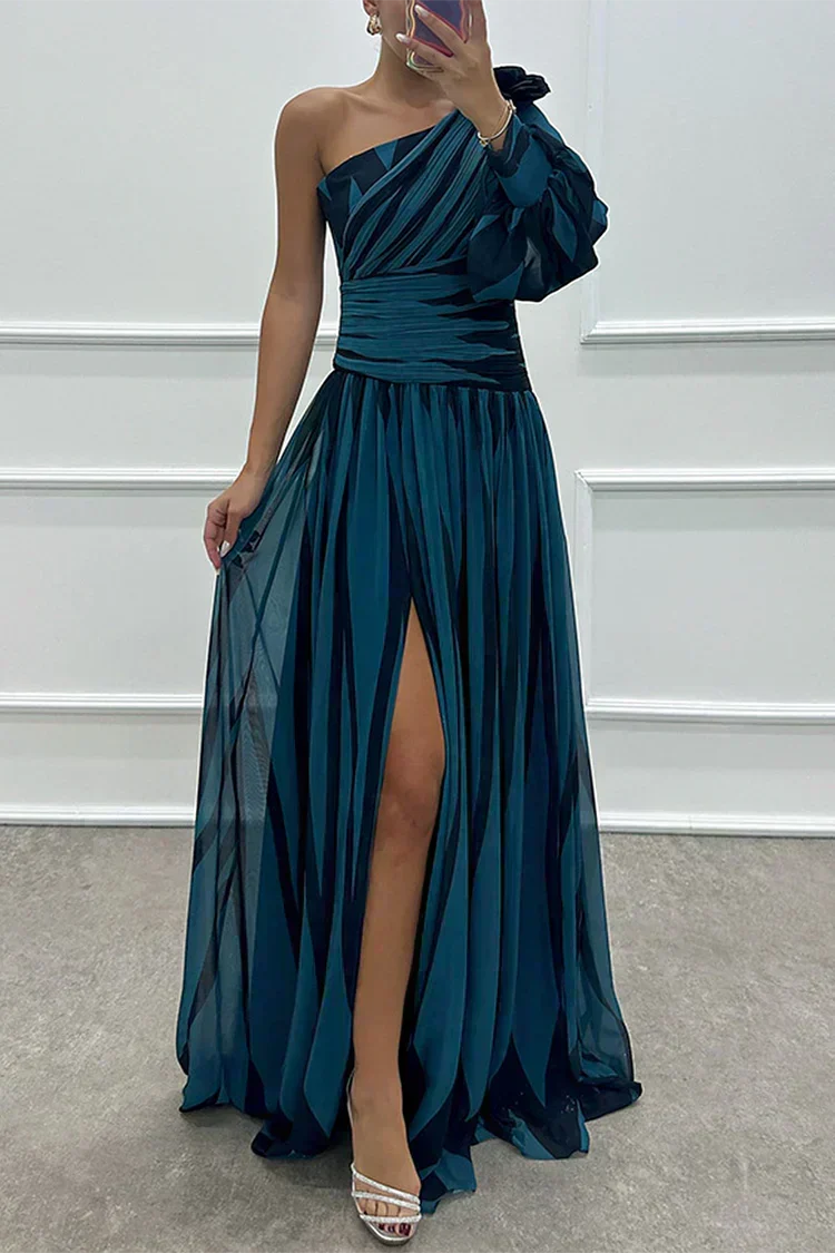 Verenaluxe™ | Elegant Striped Maxi Dress with One Shoulder