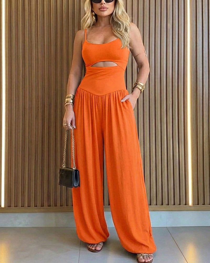 Women's Cut-out Waist Cami Jumpsuit Backless Tie-Back Lantern Romper Ruched High Waist Summer Jumpsuit