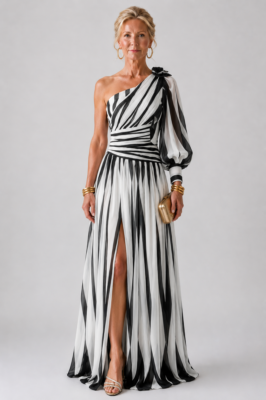 Verenaluxe™ | Elegant Striped Maxi Dress with One Shoulder