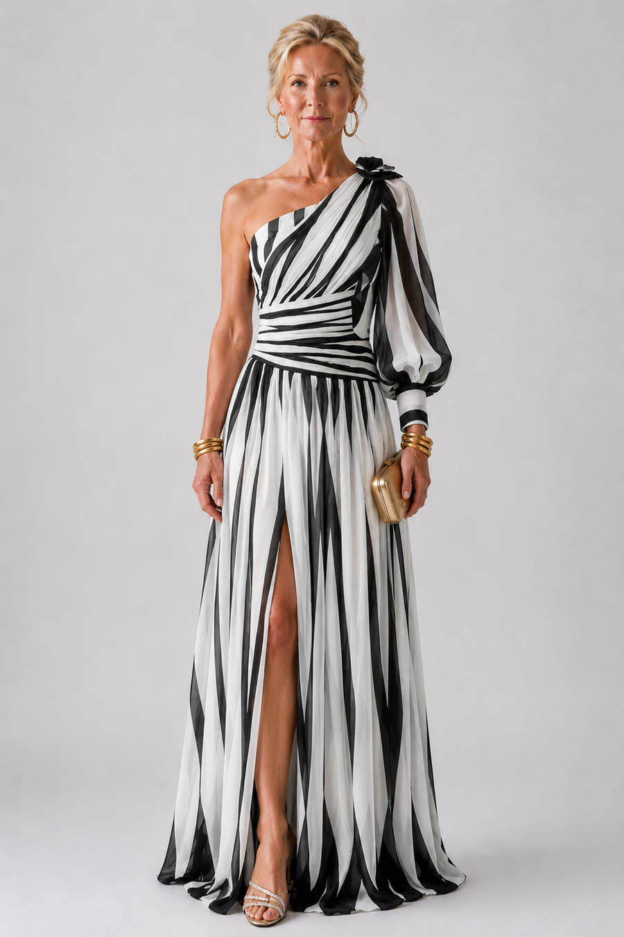 Verenaluxe™ | Elegant Striped Maxi Dress with One Shoulder
