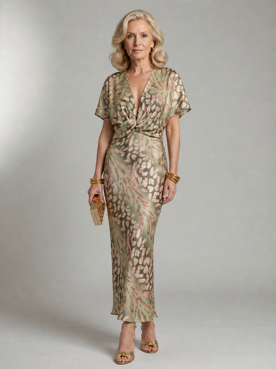Verenaluxe™ | Abstract Print V Neck Twist Waist Midi Dress