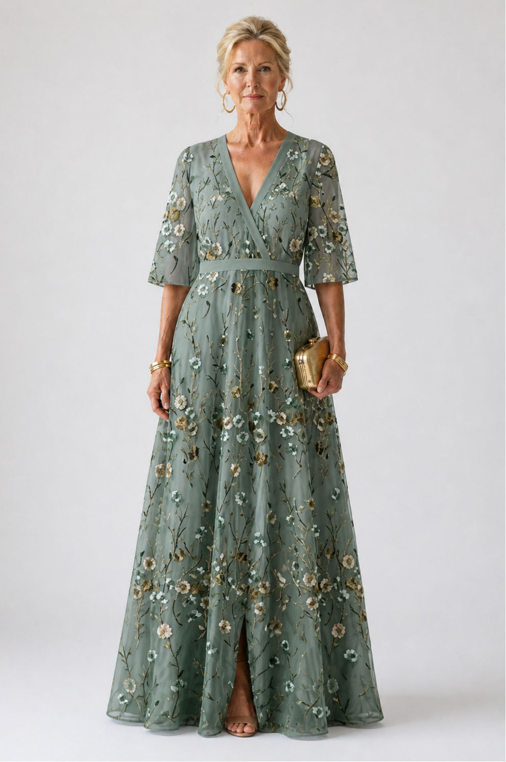 Verenaluxe™ | Floral V Neck Short Sleeve Maxi Dress