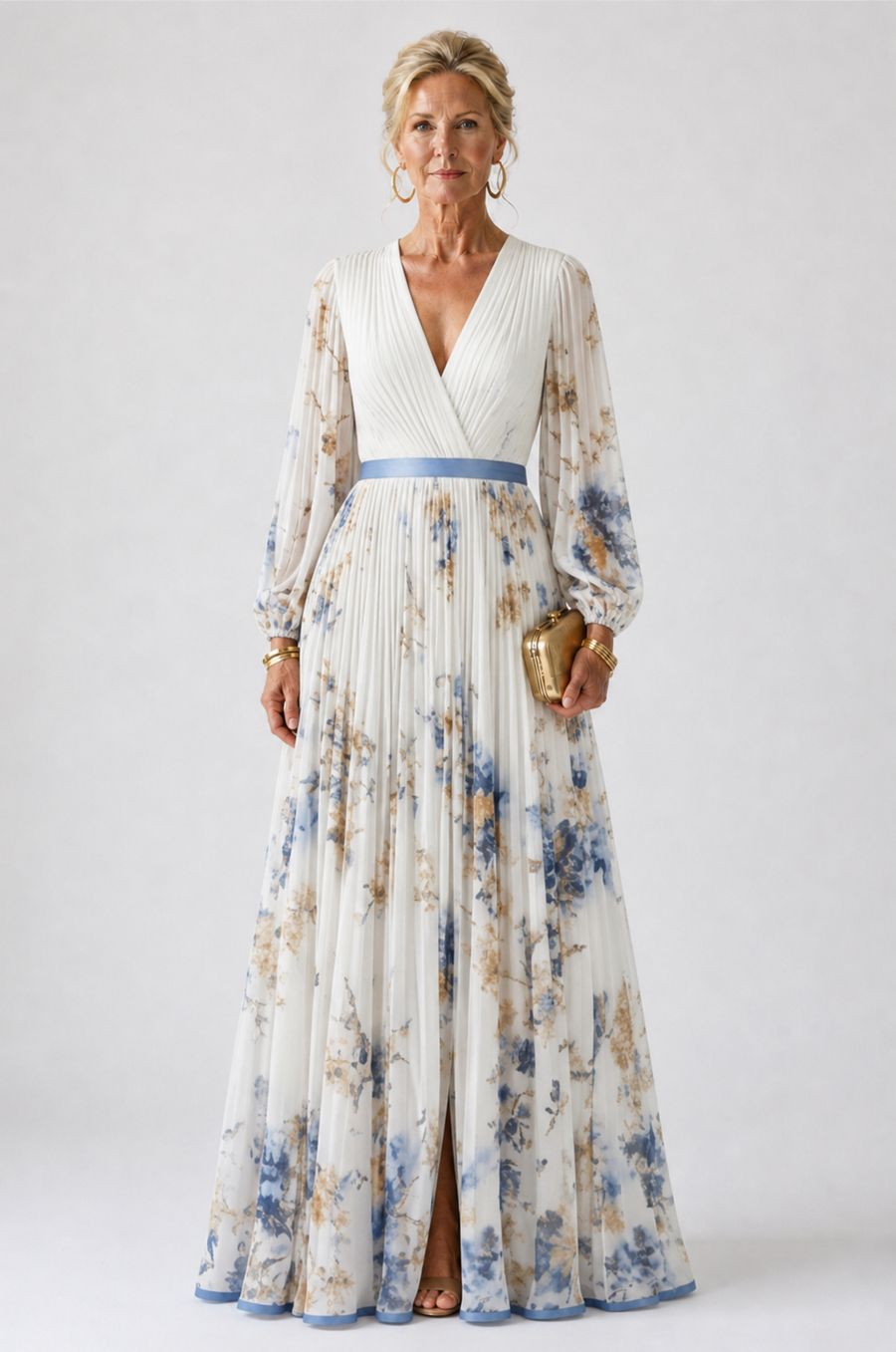 Verenaluxe™ | Long Sleeve V Neck Floral Maxi Dress