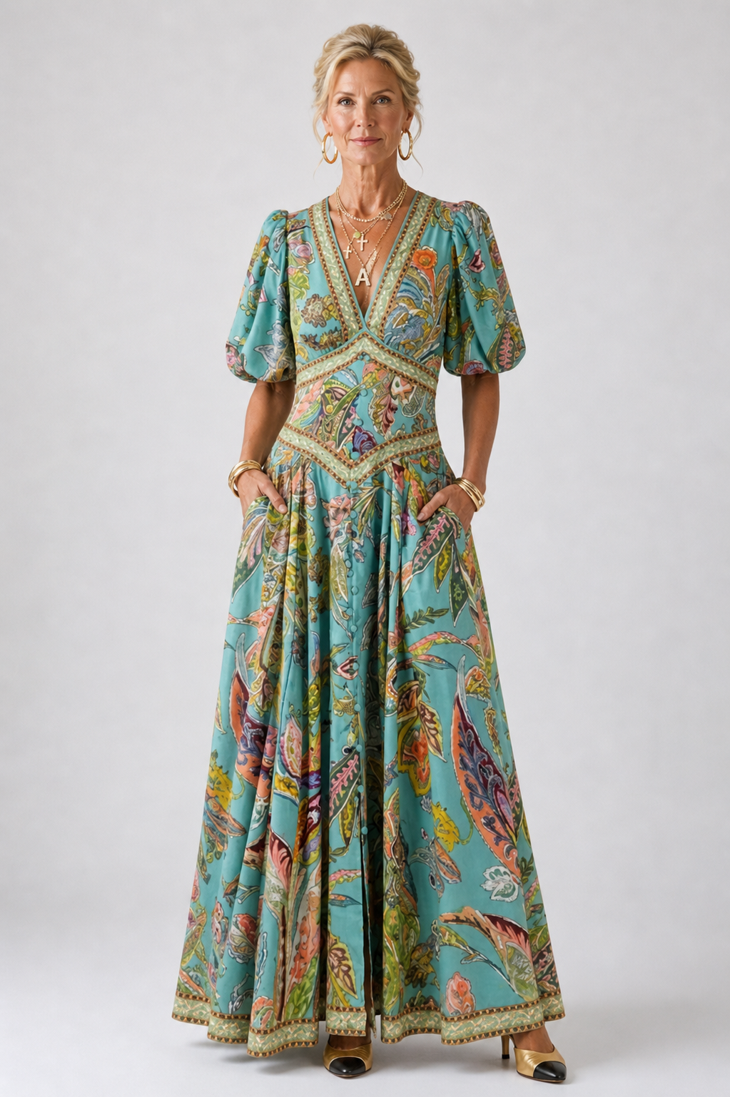 Verenaluxe™ | Airy maxi dress with puff sleeves and V-neck