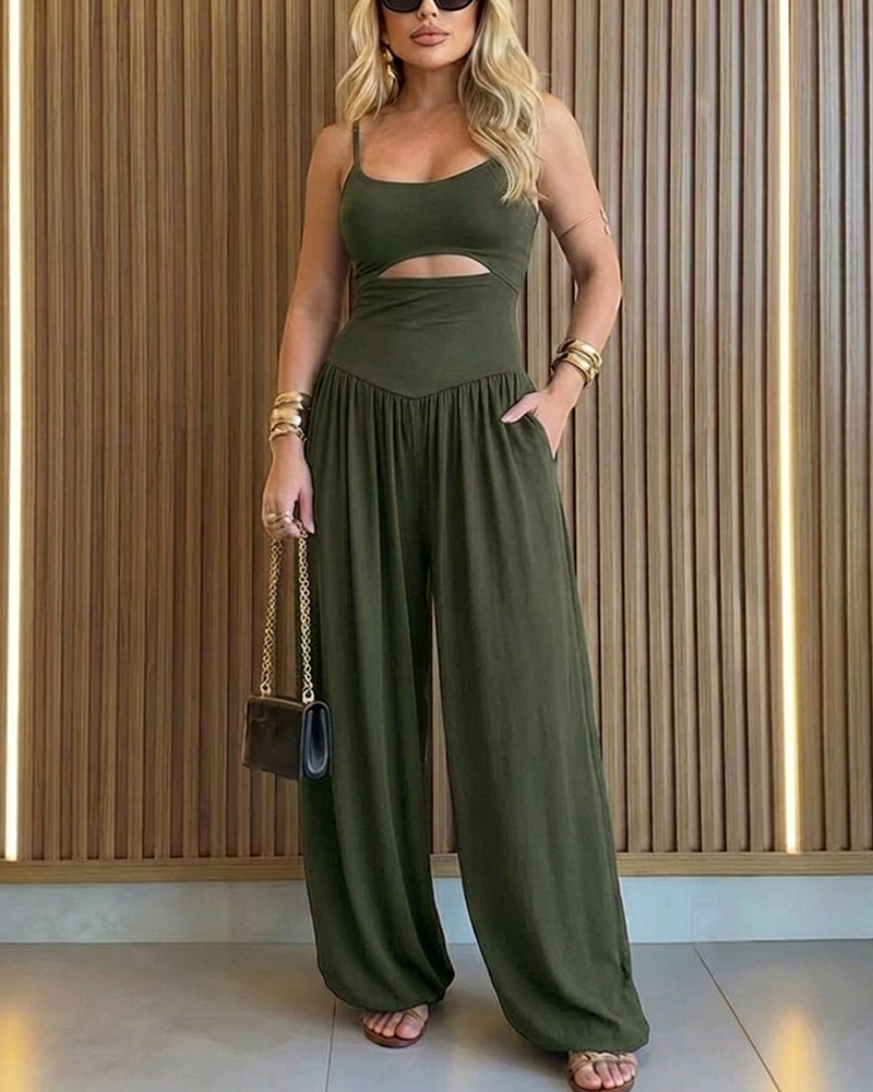 Women's Cut-out Waist Cami Jumpsuit Backless Tie-Back Lantern Romper Ruched High Waist Summer Jumpsuit