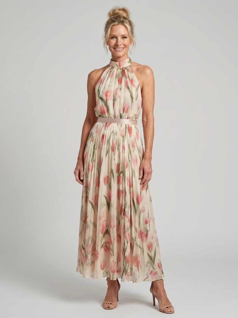 Verenaluxe™ | Halter Neck Floral Midi Dress
