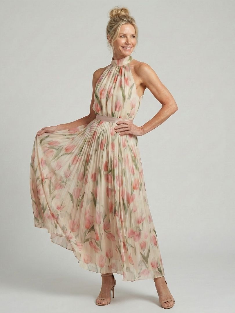 Verenaluxe™ | Halter Neck Floral Midi Dress