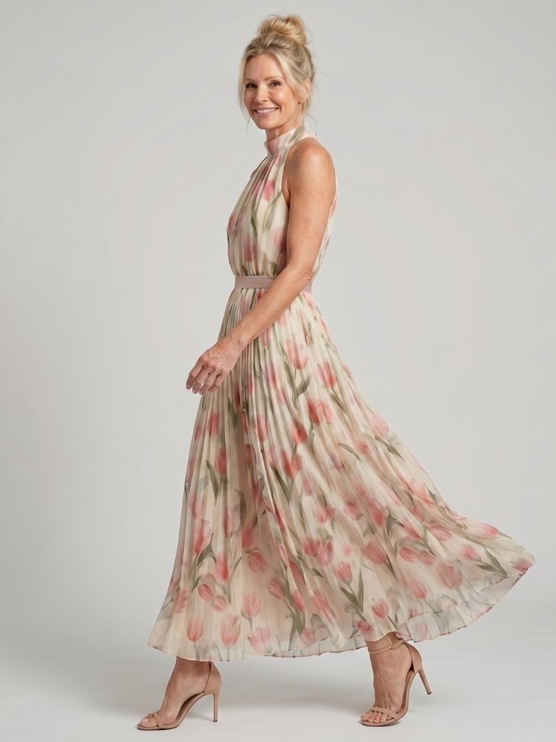 Verenaluxe™ | Halter Neck Floral Midi Dress