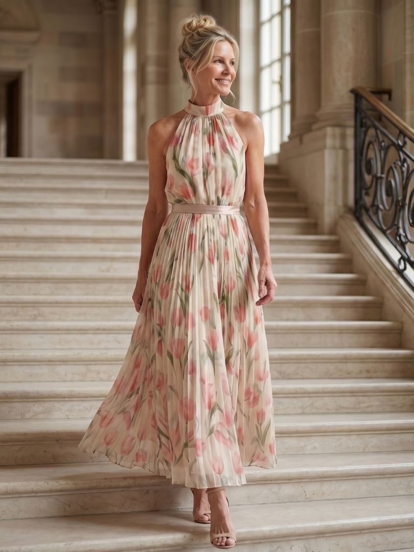 Verenaluxe™ | Halter Neck Floral Midi Dress