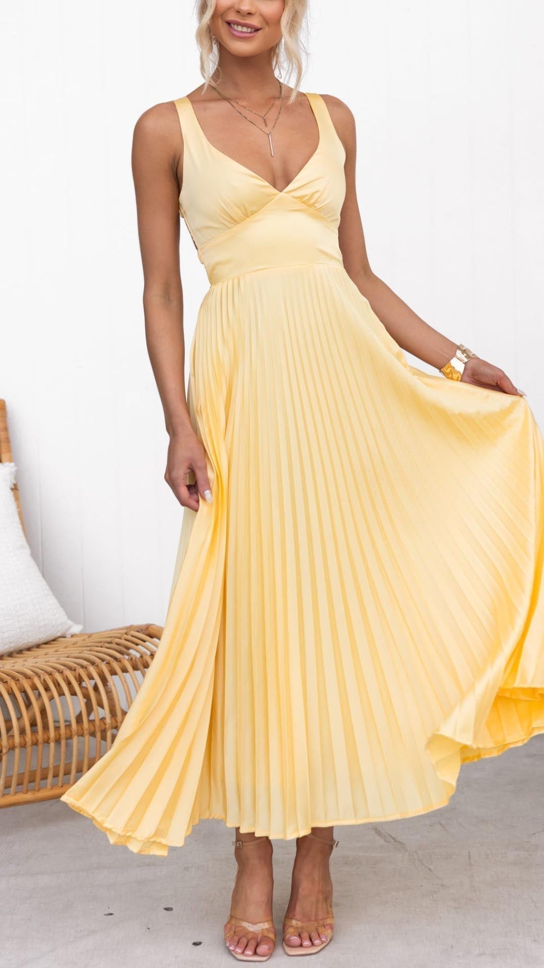 Verenaluxe™ | Pleated V-Neck Maxi Dress
