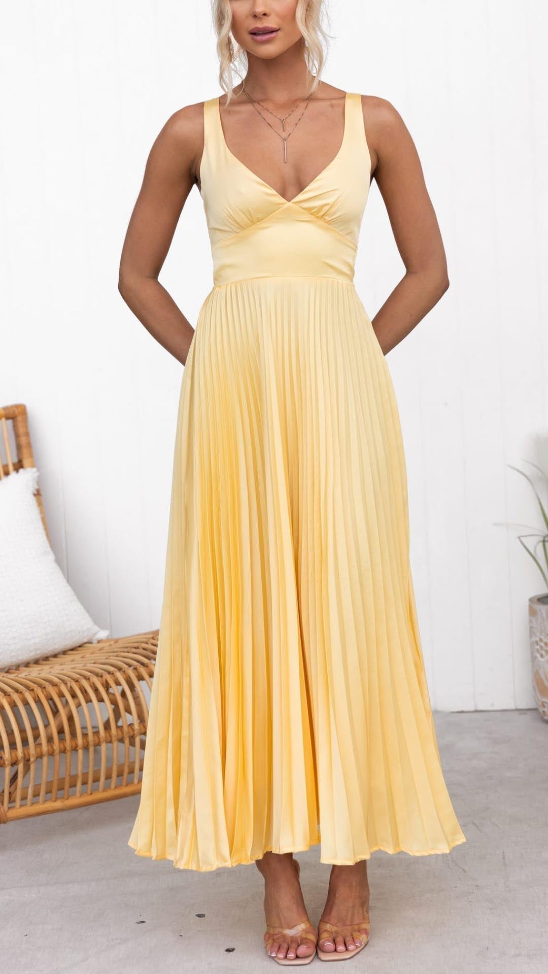 Verenaluxe™ | Pleated V-Neck Maxi Dress