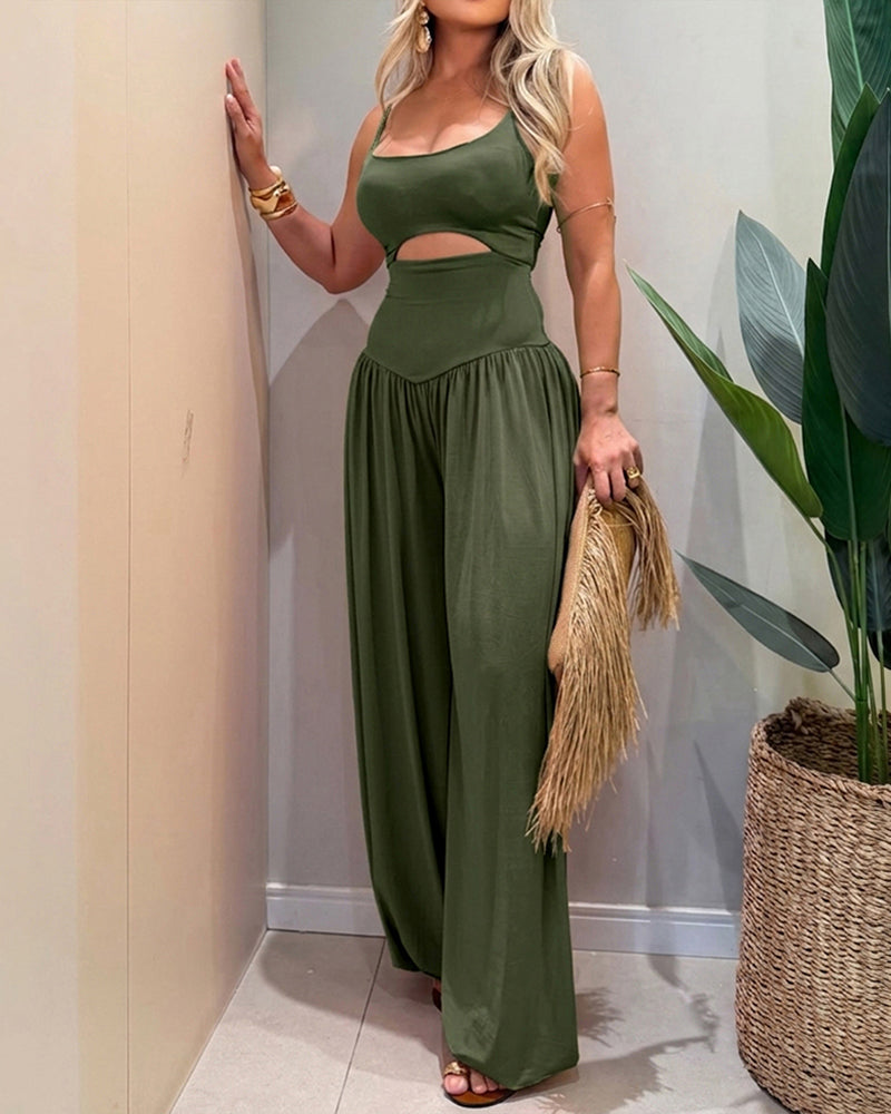 Women's Cut-out Waist Cami Jumpsuit Backless Tie-Back Lantern Romper Ruched High Waist Summer Jumpsuit