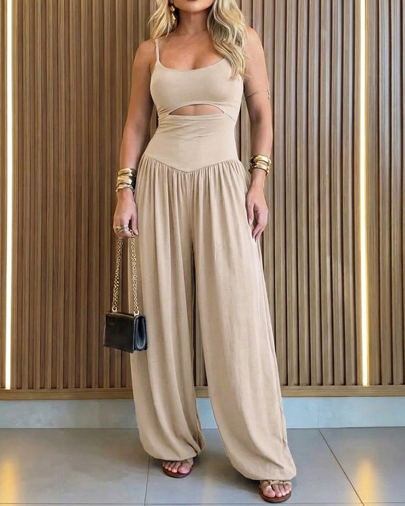 Women's Cut-out Waist Cami Jumpsuit Backless Tie-Back Lantern Romper Ruched High Waist Summer Jumpsuit
