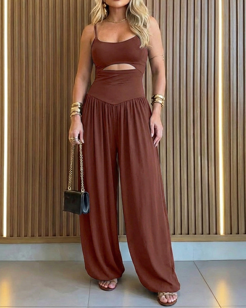 Women's Cut-out Waist Cami Jumpsuit Backless Tie-Back Lantern Romper Ruched High Waist Summer Jumpsuit