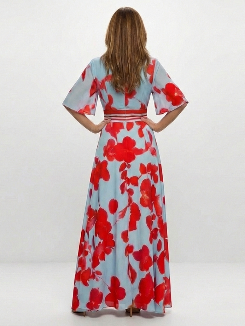Verenaluxe™ | V Neck Short Sleeve Floral Maxi Dress