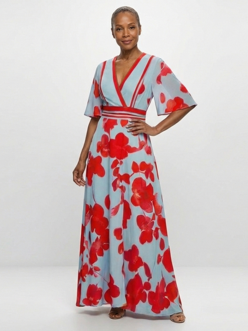 Verenaluxe™ | V Neck Short Sleeve Floral Maxi Dress