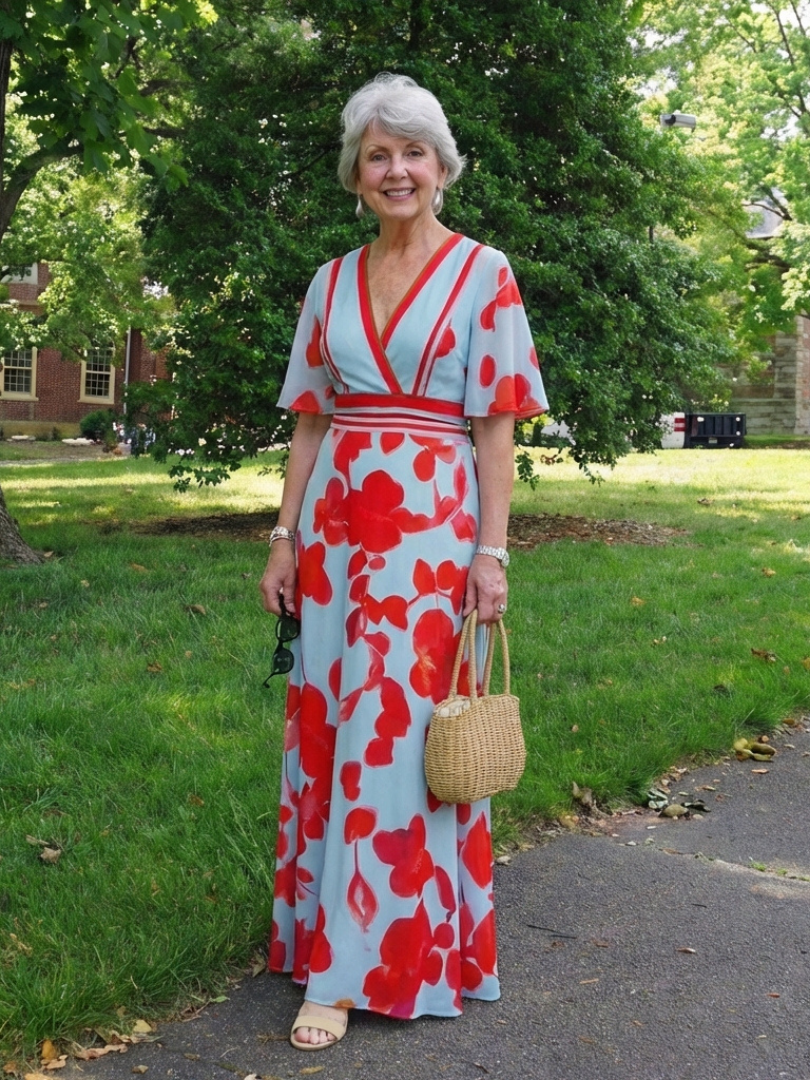 Verenaluxe™ | V Neck Short Sleeve Floral Maxi Dress