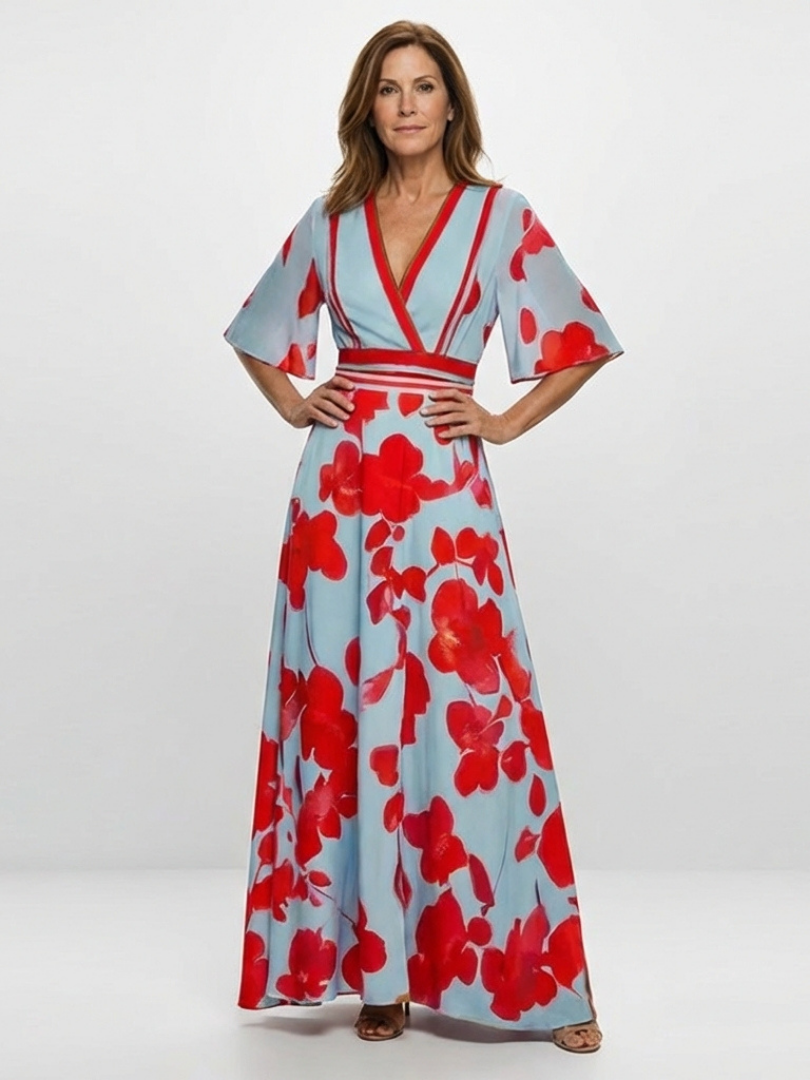 Verenaluxe™ | V Neck Short Sleeve Floral Maxi Dress