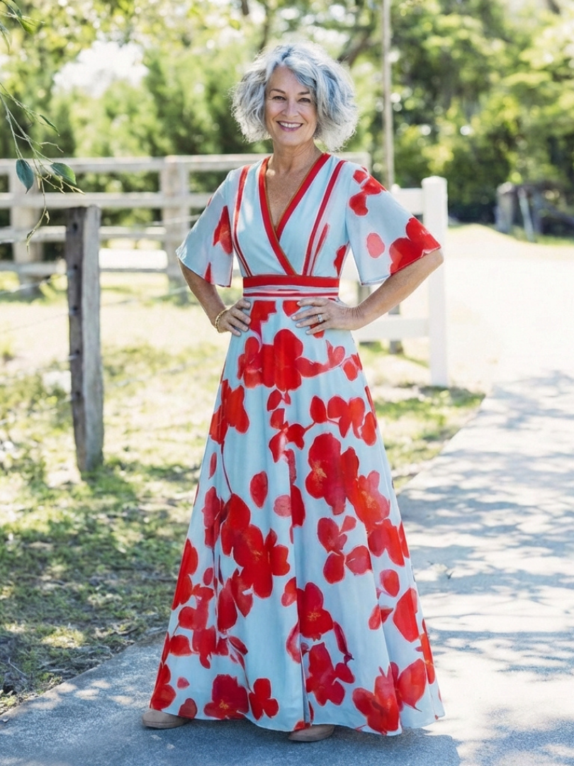 Verenaluxe™ | V Neck Short Sleeve Floral Maxi Dress