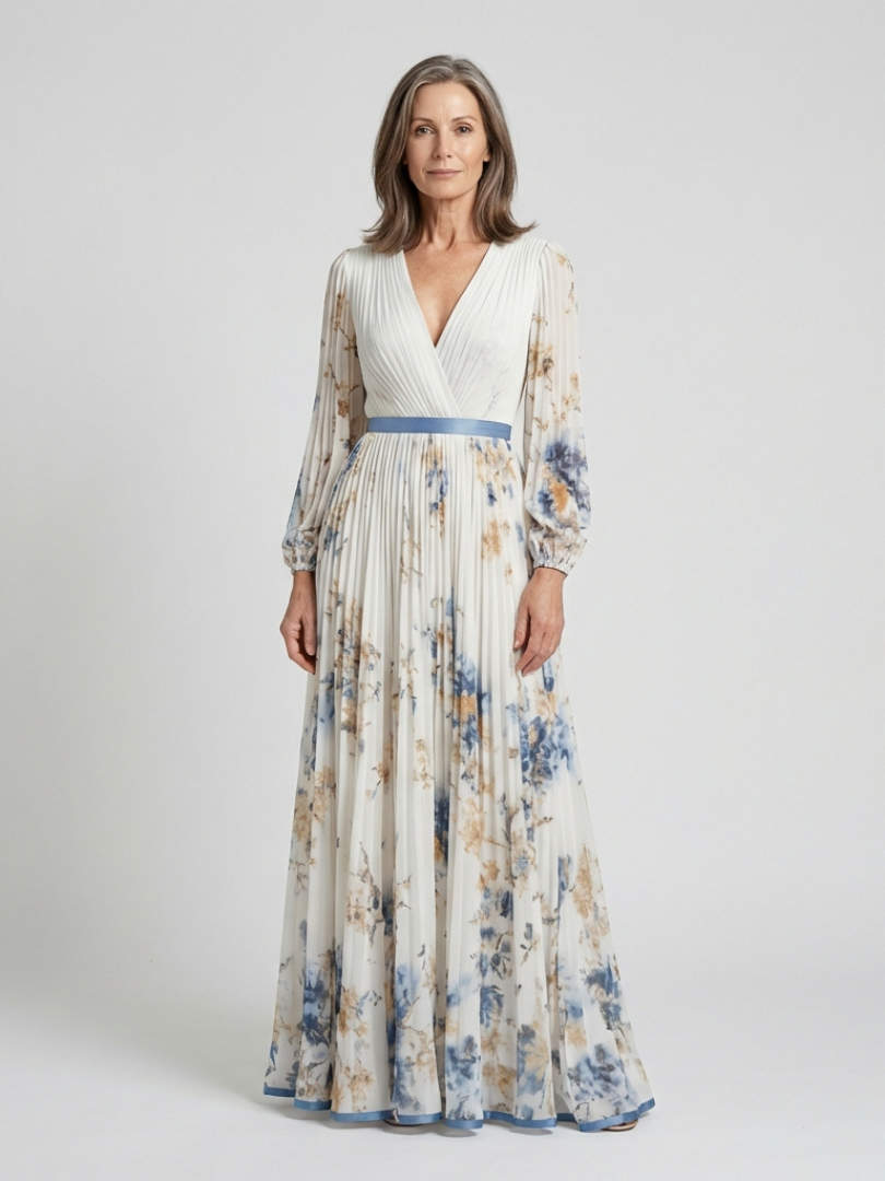 Verenaluxe™ | Long Sleeve V Neck Floral Maxi Dress
