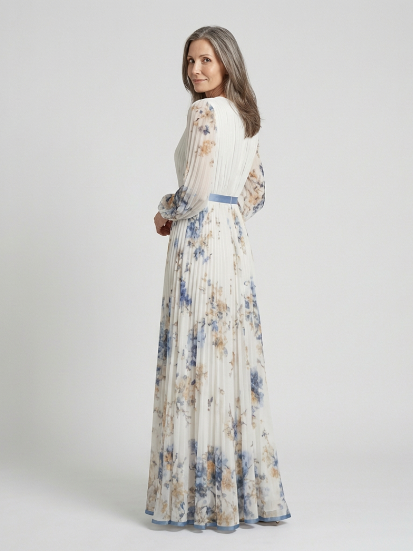 Verenaluxe™ | Long Sleeve V Neck Floral Maxi Dress