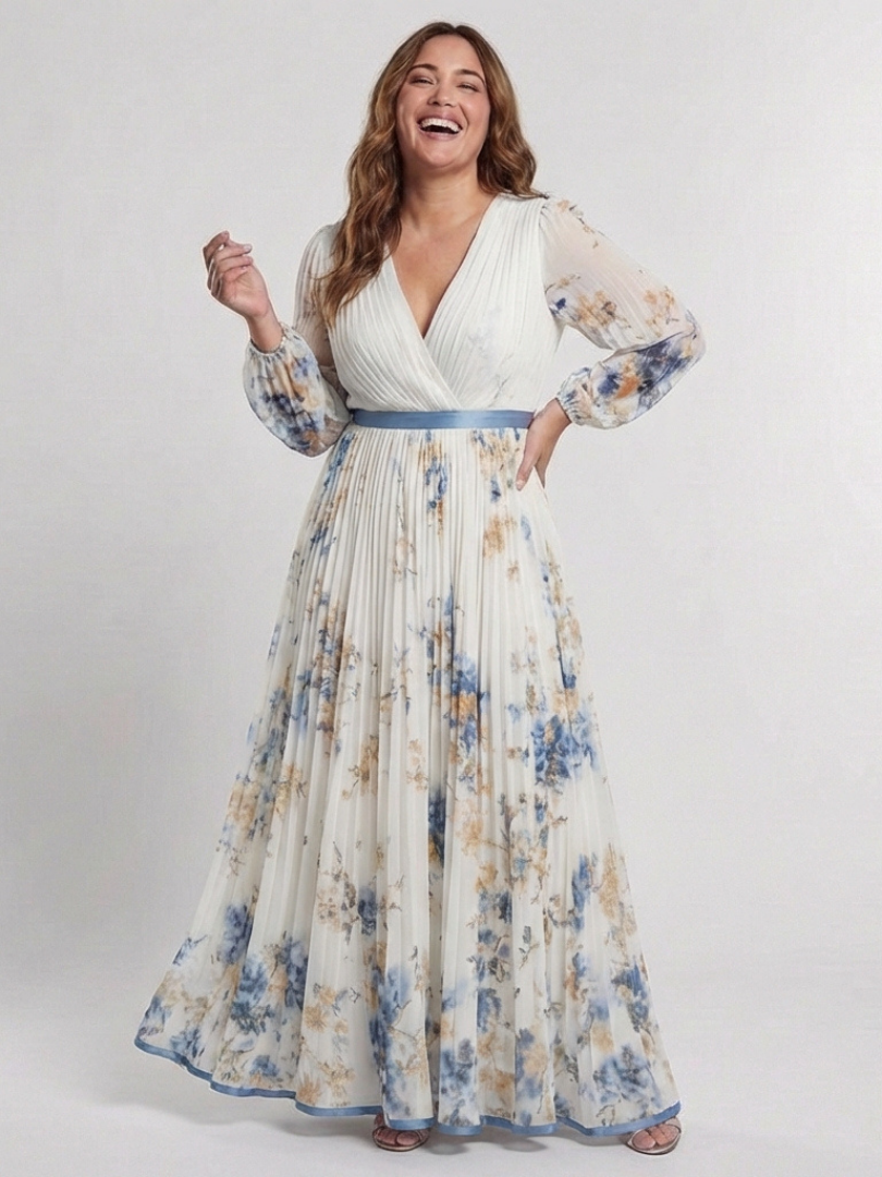 Verenaluxe™ | Long Sleeve V Neck Floral Maxi Dress