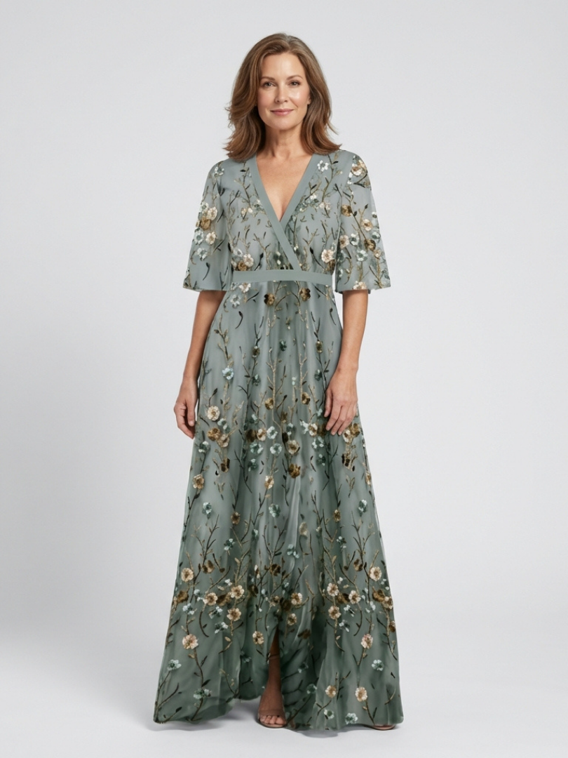Verenaluxe™ | Floral V Neck Short Sleeve Maxi Dress