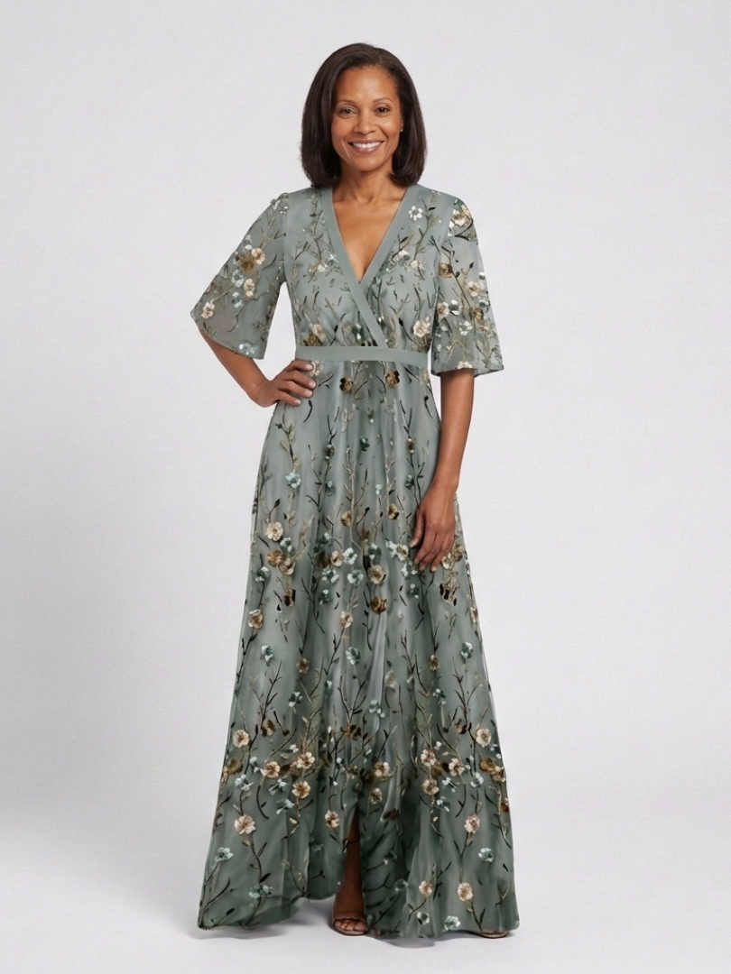 Verenaluxe™ | Floral V Neck Short Sleeve Maxi Dress