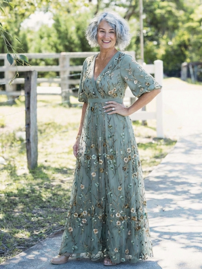 Verenaluxe™ | Floral V Neck Short Sleeve Maxi Dress