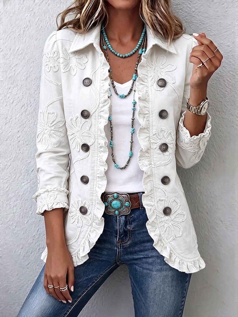 Kamberly | Boho-Chic Floral Embroidered Utility Ruffled Trim Jacket