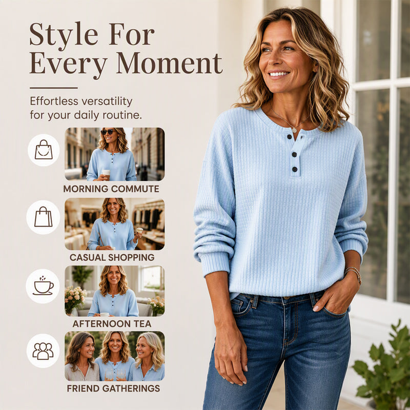 Women's Casual Waffle Knit Sweatshirt Loose Long‑Sleeve Button Neck Pullover