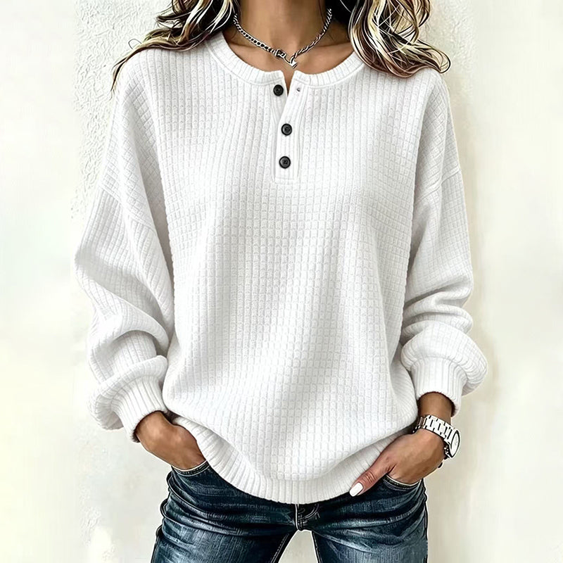 Women's Casual Waffle Knit Sweatshirt Loose Long‑Sleeve Button Neck Pullover